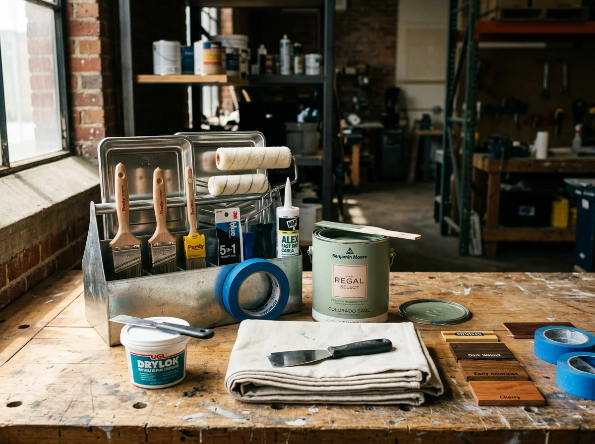 Professional painting tools and equipment arranged on a work surface, ready for interior and exterior projects.