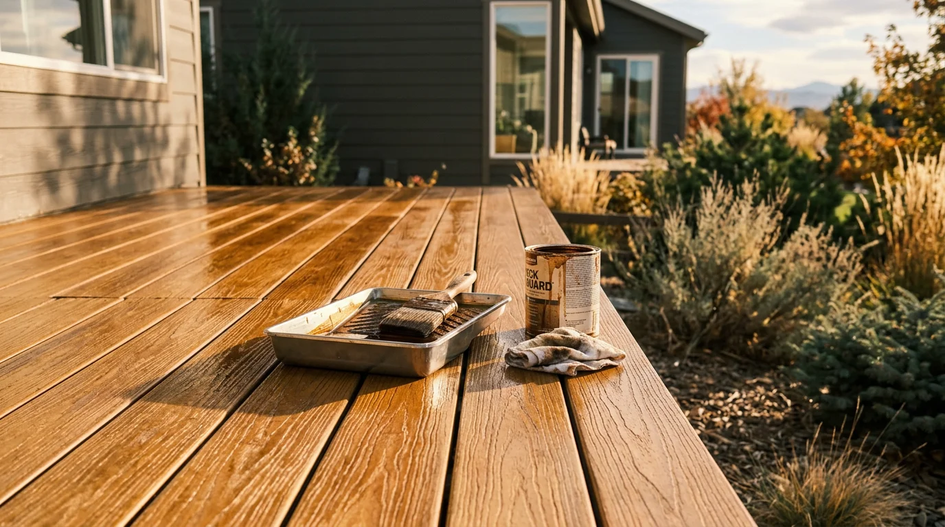 Freshly stained wood deck in the Denver metro area showing rich, even color and clean finish after professional prep and sealing