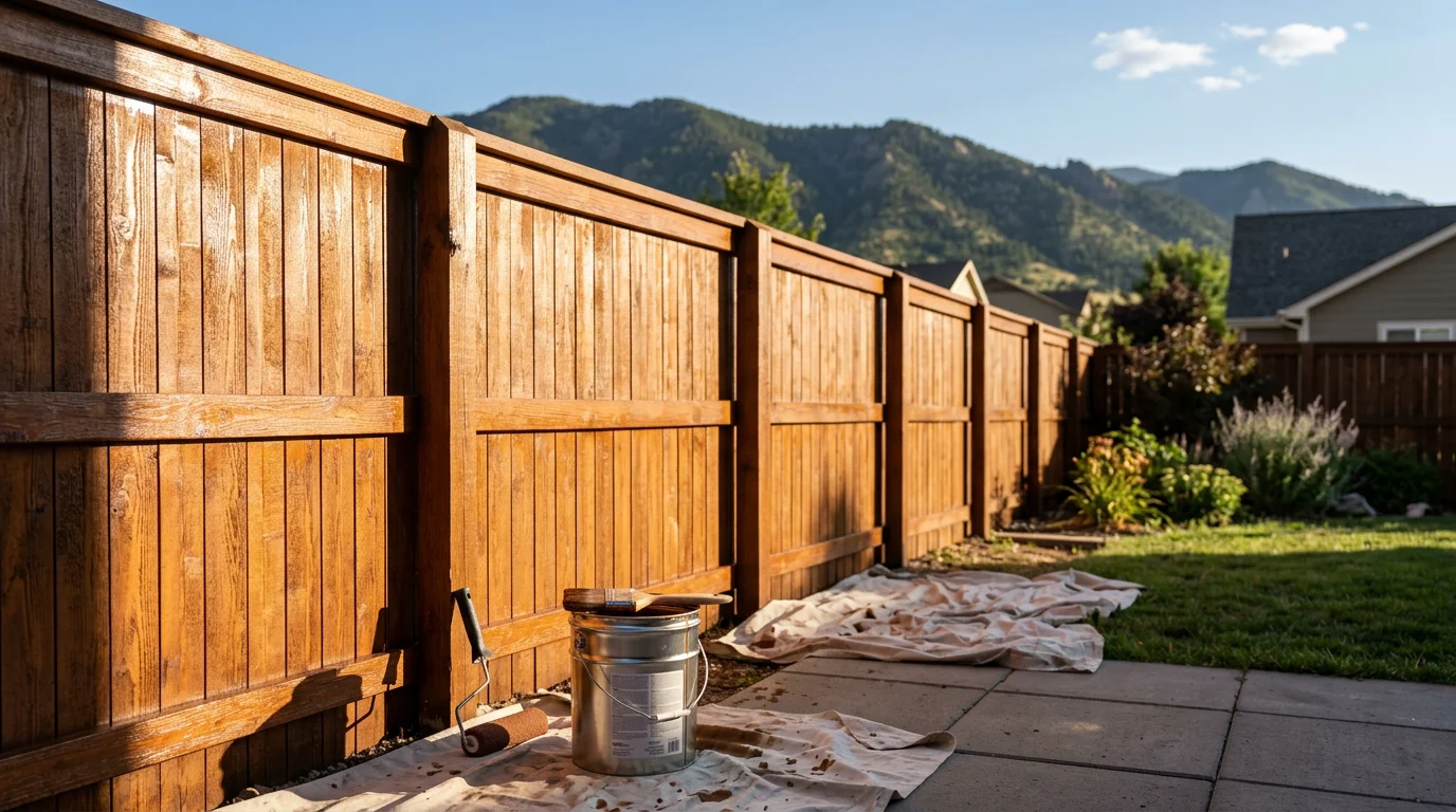 Freshly stained wood fence in Aurora, CO showing rich, even color and clean finish after professional prep and staining