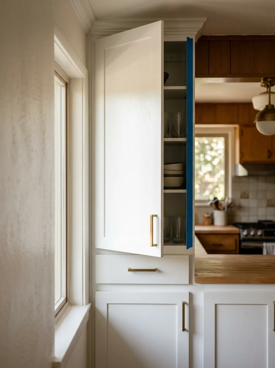 Freshly painted kitchen cabinets in an Aurora mid-century home, showing clean white finish on original wood cabinet boxes.