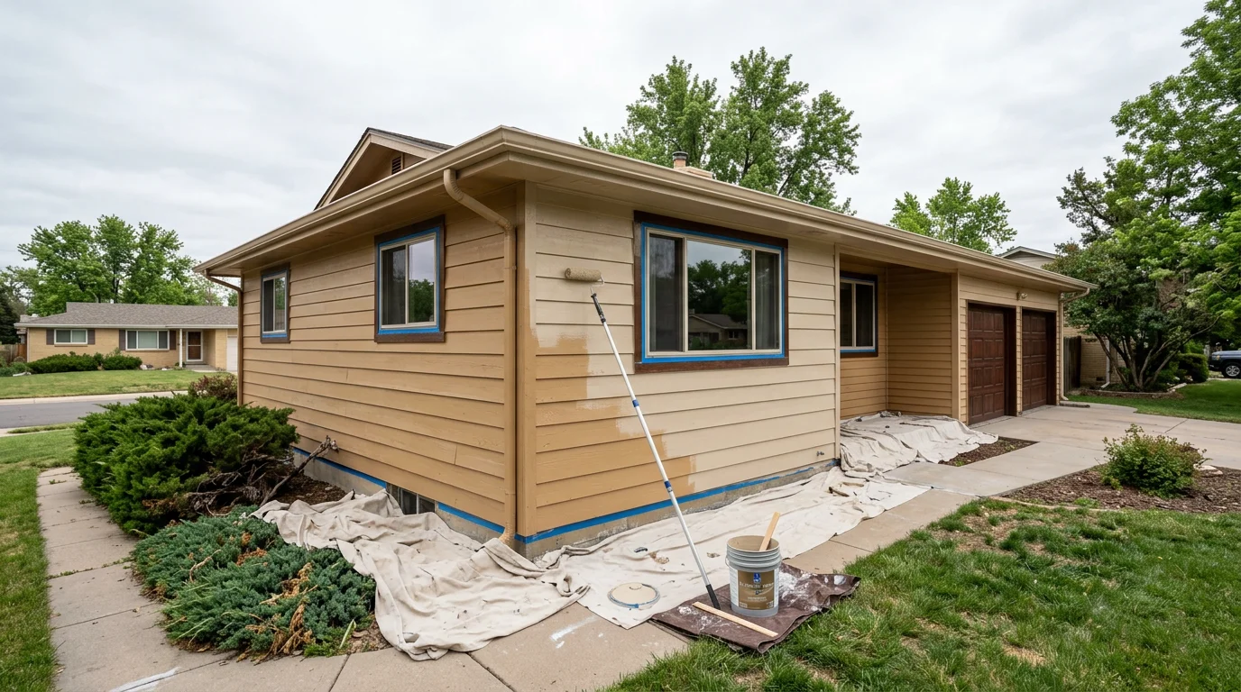 Painter rolling exterior paint onto a 1970s Aurora ranch home with wood siding, with prep work visible on the adjacent wall section.