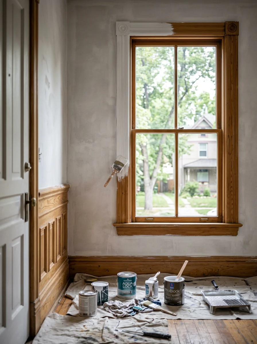 Interior painter carefully brushing fresh paint onto original wood trim in a Mapleton Hill Boulder home, with plaster walls primed and ready for topcoat.
