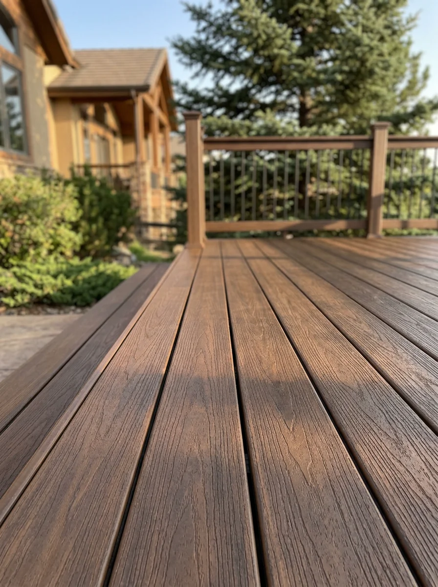 Freshly stained large wood deck on a custom Castle Pines home, showing even penetrating stain coverage across sun-exposed and shaded deck boards.