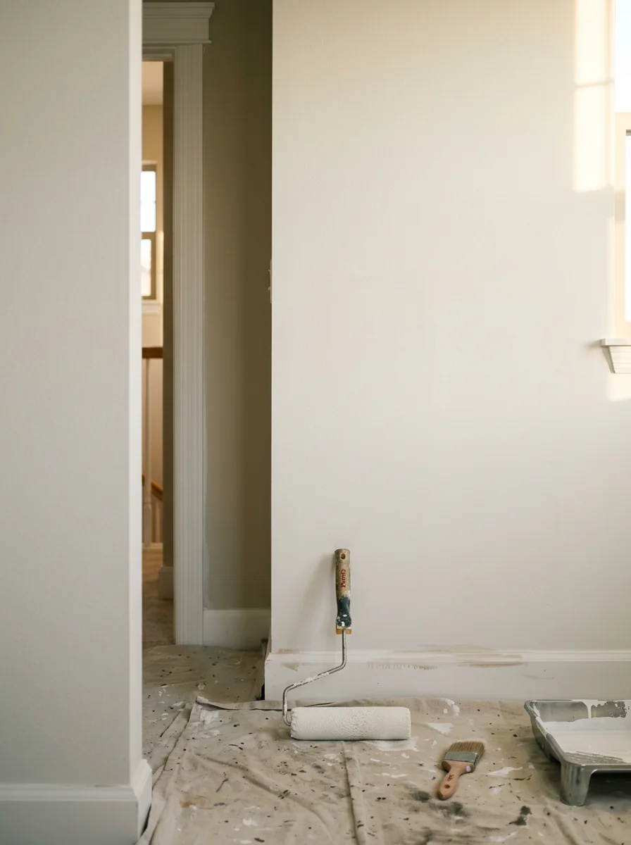 Interior painter rolling fresh paint on a vaulted ceiling in a Castle Rock home, with builder-grade drywall patches sanded smooth and ready for topcoat.