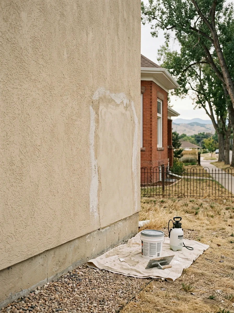 Crew member repairing stucco on a Denver house before repainting