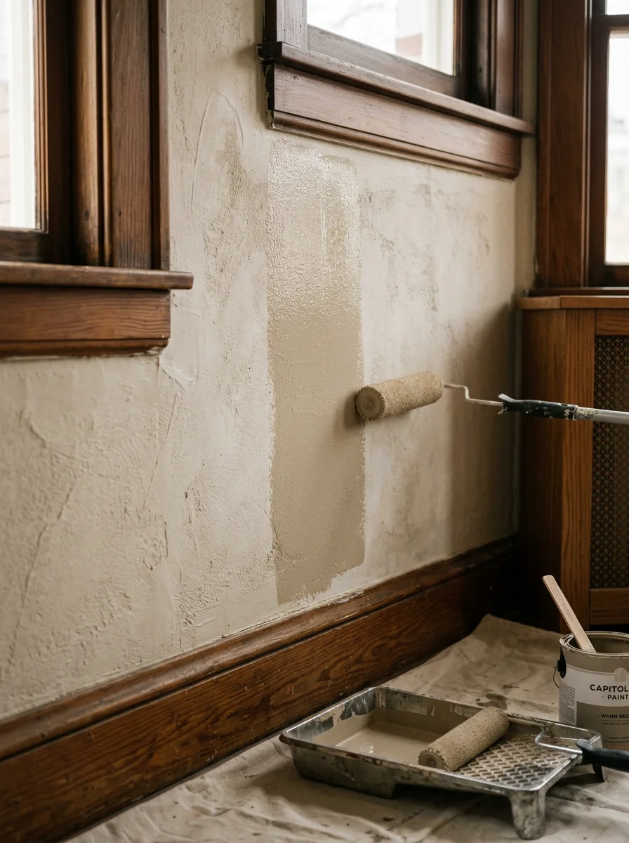 Close-up of a painter rolling interior paint onto a plaster wall in a Capitol Hill-era Denver home with original wood trim visible.