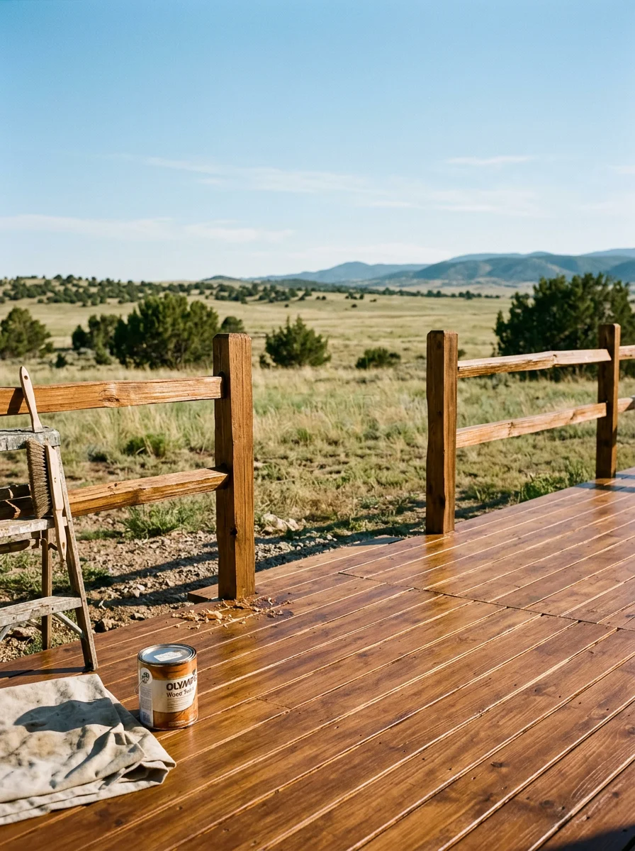 Stained wood deck and fence on an acreage property in Elizabeth, Colorado