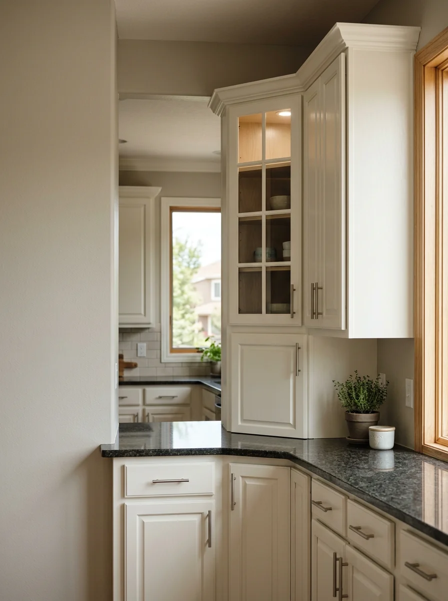 Refinished kitchen cabinets in a Highlands Ranch home, showing a clean painted finish on original 1990s oak cabinet boxes.