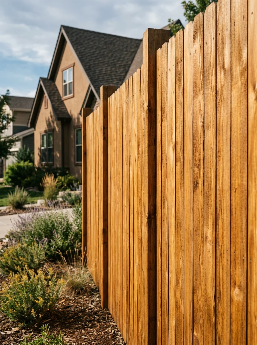 Freshly stained wood privacy fence in a Littleton suburban neighborhood, with the natural wood grain visible through the penetrating stain finish.