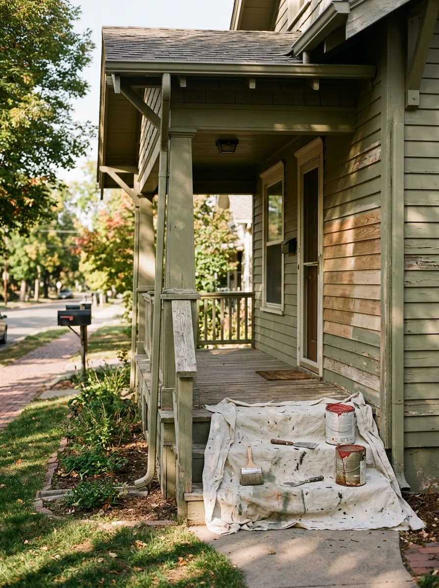 Exterior painter repairing siding on an older Craftsman-style home in Arvada, Colorado