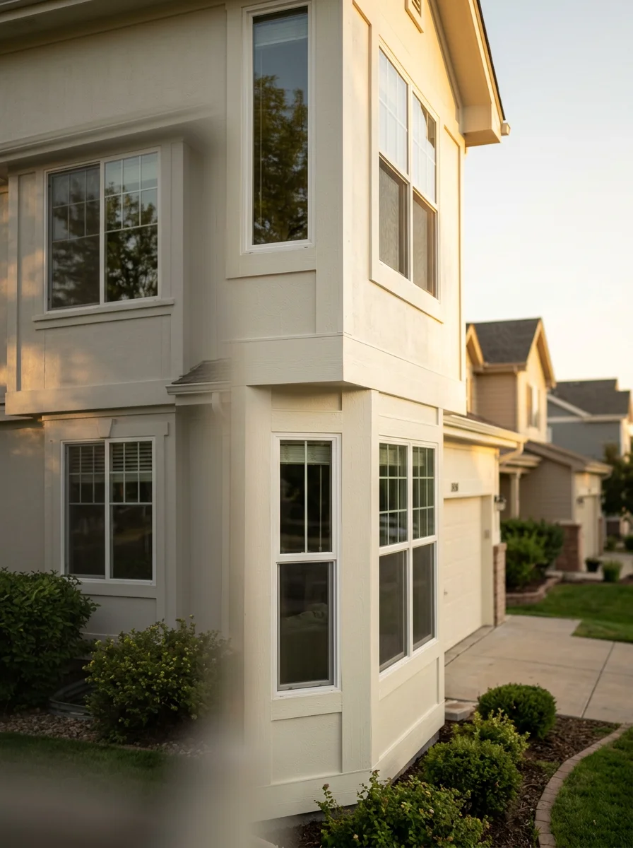 Freshly painted exterior trim on a 1990s two-story Parker home in a master-planned subdivision, with recaulked window joints visible.