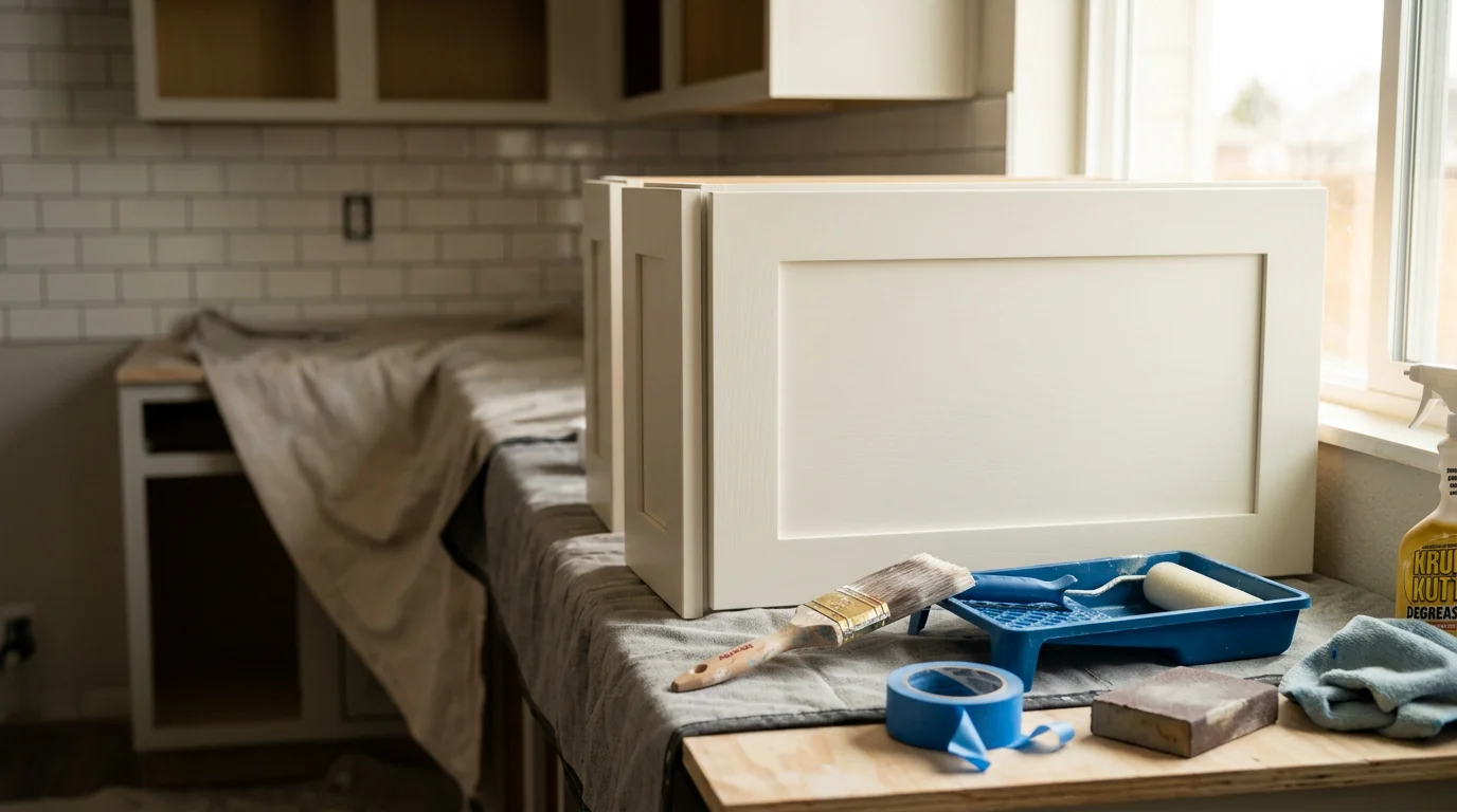Freshly painted white kitchen cabinets in a Denver metro home, showing smooth door fronts and clean drawer faces after professional cabinet painting. Close view highlights an even finish on wood cabinets in a bright kitchen interior.