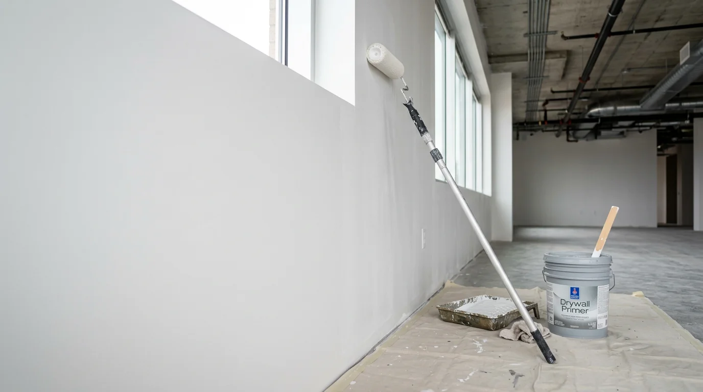 Commercial painter applying a fresh coat to the exterior facade of an office building in the Denver metro area. The finished surface shows clean, even coverage on a multi-story commercial property under a bright Colorado sky.