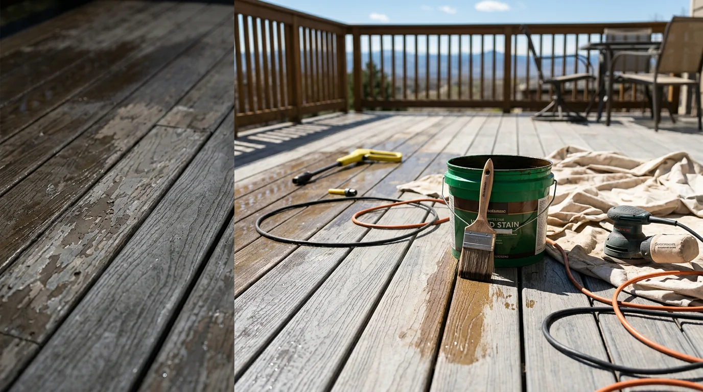 A wood deck in the Denver metro area with a freshly refinished surface, showing smooth, clean boards free of peeling finish and splintering after professional refinishing by SL Painting LLC.