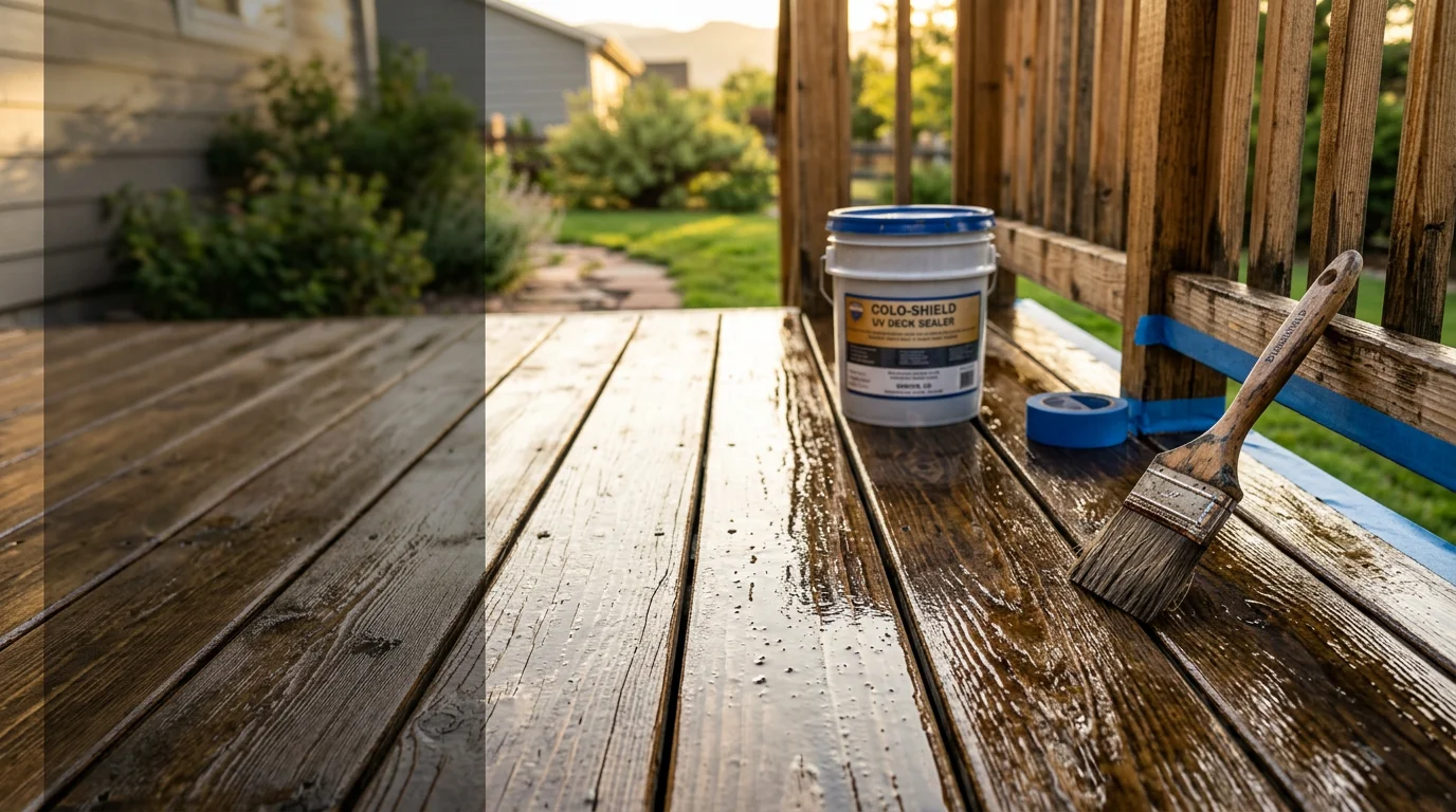 A freshly sealed wood deck on a Denver metro area home, with boards showing an even, protected surface finish. The deck sits under a bright Colorado sky, with no visible cracking, graying, or moisture damage on the wood.