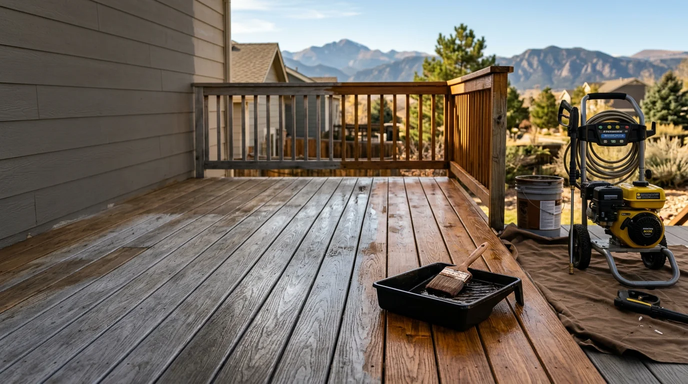A freshly stained wood deck on a Denver metro area home, showing even color across the deck boards and railings with the Colorado foothills visible in the background. Close-up view highlights the wood grain showing through the stain finish after professional surface preparation.