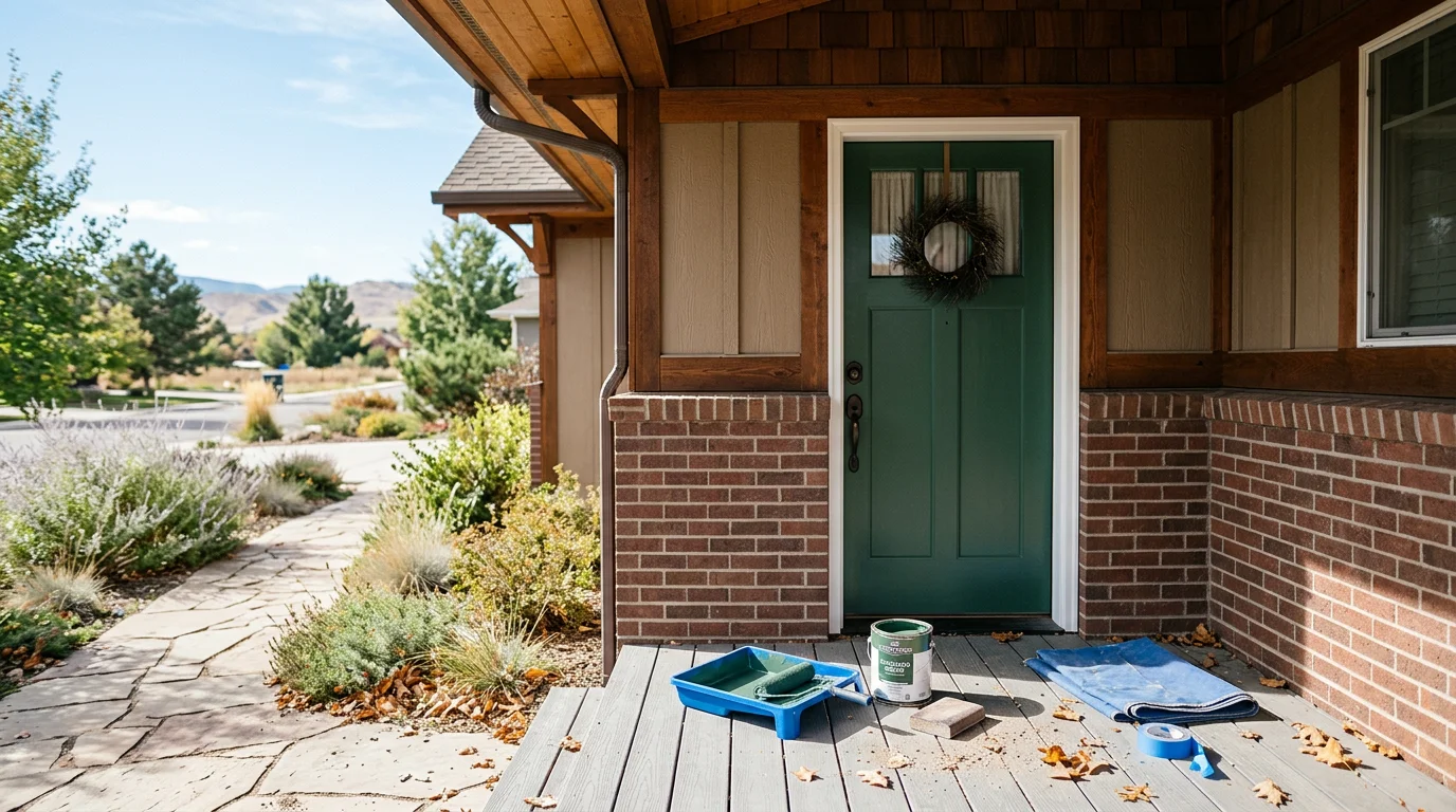 A freshly painted deep navy front door on a suburban home in the Denver metro area, with clean edges and no brush marks visible on the wood surface. The surrounding trim is white and the door hardware is polished, showing the result of professional door painting prep and finish work.