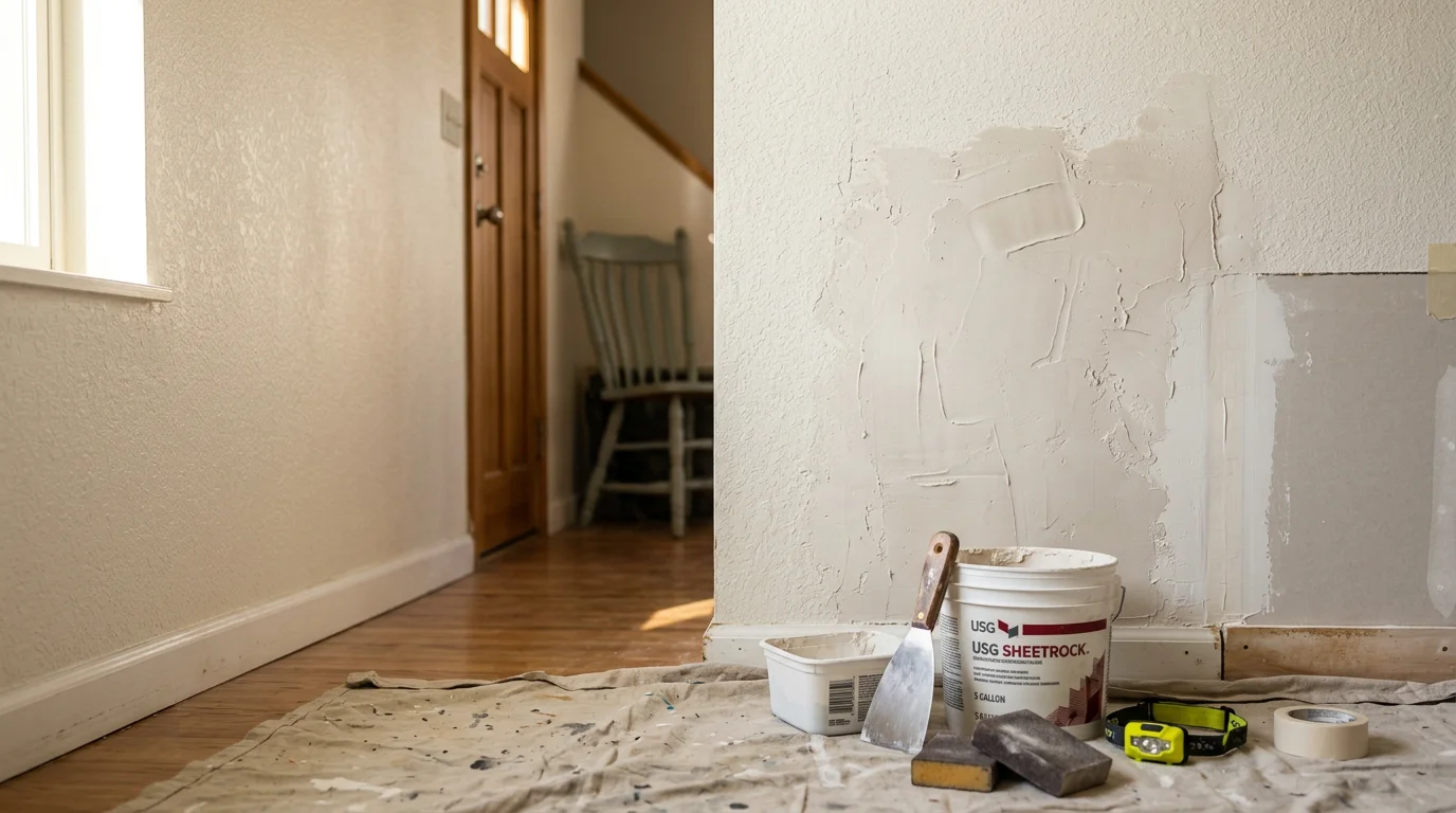 A freshly repaired and smoothed interior drywall surface in a Denver metro area home, with texture blended to match the surrounding wall and the area ready for paint.