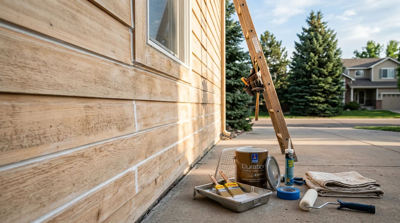 A freshly painted home exterior in the Denver metro area, showing clean siding and trim with an even finish. Colorado foothills are visible in the background.