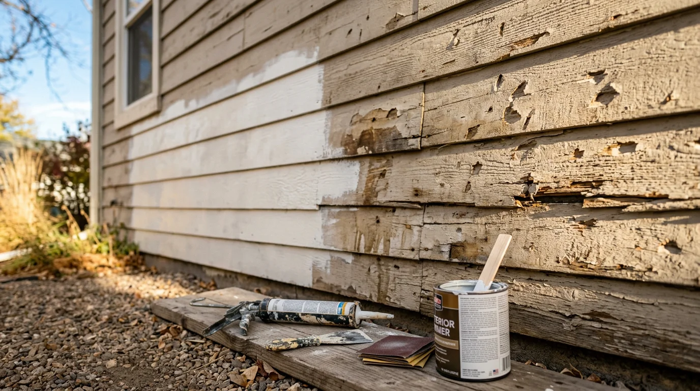 A repaired exterior wall on a Denver metro area home showing smooth, uniform surface coating after hail and weather damage was addressed. Close-up view shows clean edges and consistent finish across the repaired section.