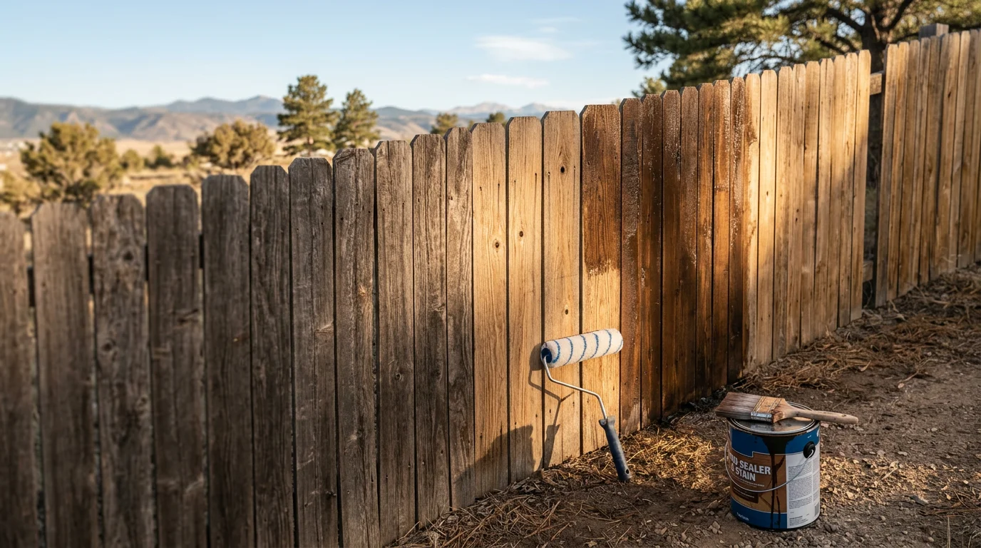 A wood privacy fence in a Denver metro area backyard after professional refinishing, showing clean, evenly coated boards with restored color. The fence runs along a residential property line under a clear Colorado sky.