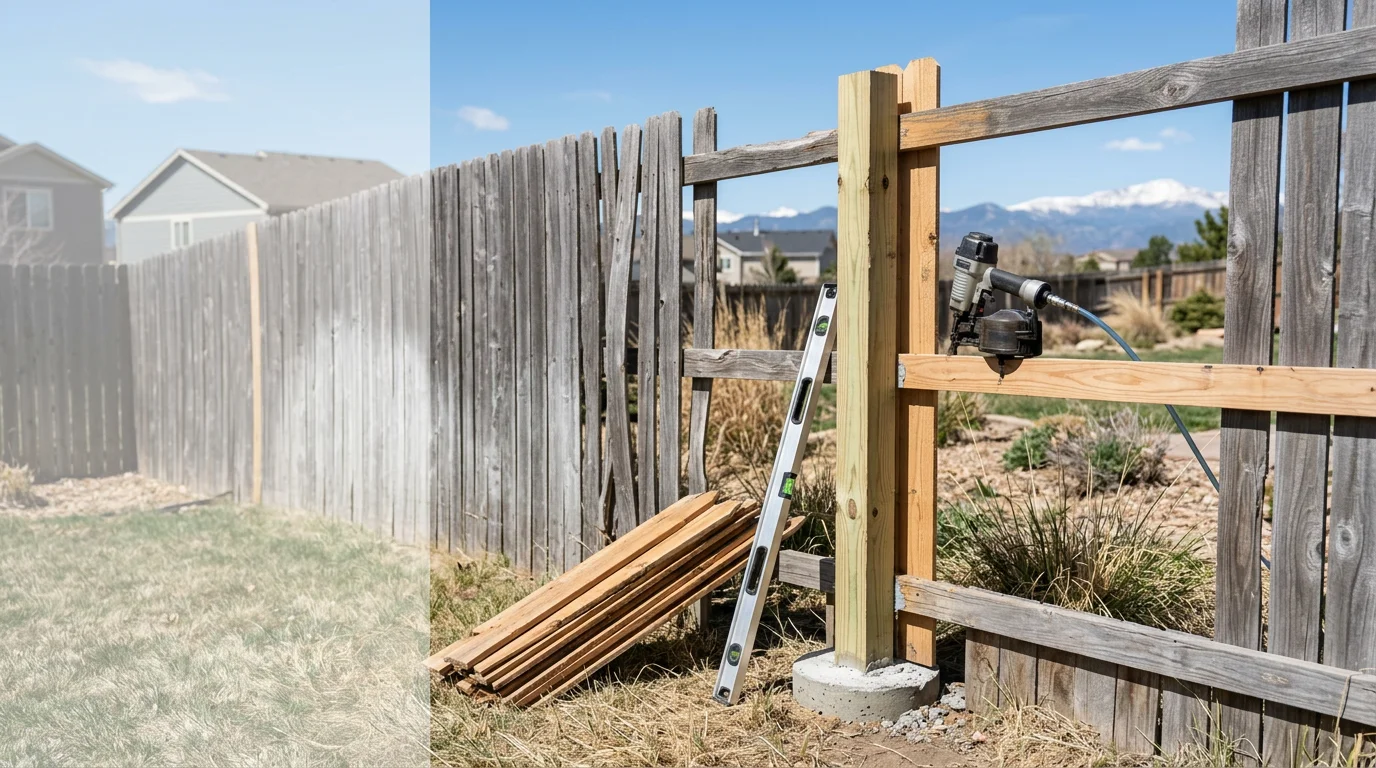 A repaired wood privacy fence in a Denver metro area backyard, with a newly reset post and replaced pickets blending into the existing fence line. The surrounding yard shows typical Colorado residential landscaping with a clear property boundary restored.