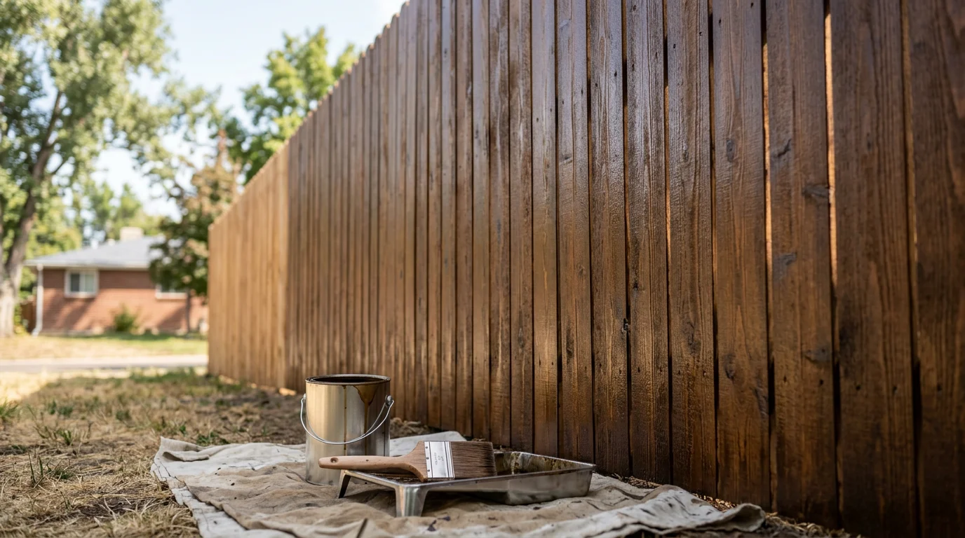 A freshly stained wood privacy fence in a Denver metro area backyard, showing even color and clean grain after professional application. The fence runs along a residential property line under a clear Colorado sky.