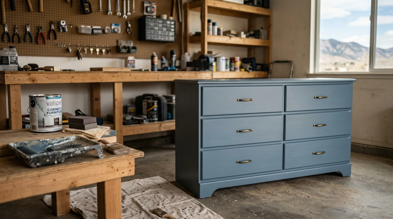 A refinished wood dresser with a smooth, freshly painted finish in a Denver-area home interior. The piece shows clean edges and an even topcoat consistent with professional furniture painting prep and application.