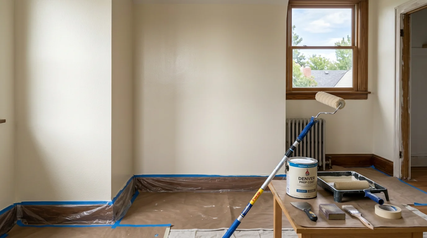 Freshly painted interior living room walls in a Denver metro area home, showing smooth coverage and clean trim lines. The space is bright and orderly, with no furniture damage or paint on the floors.