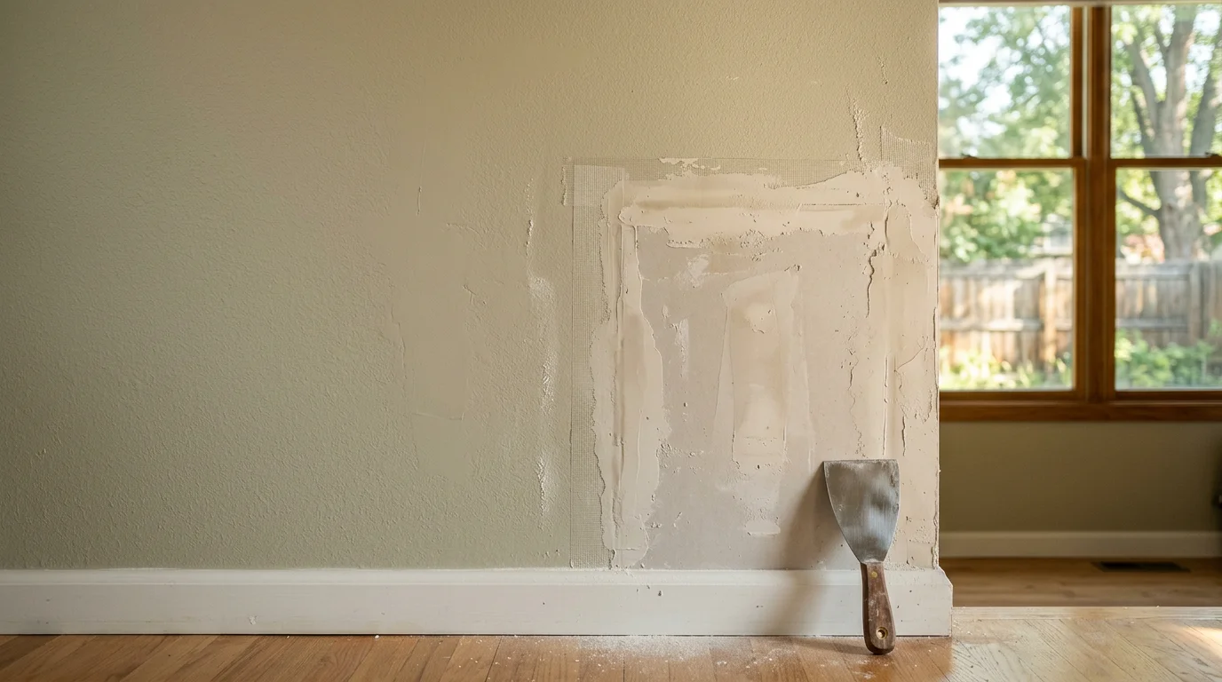 A smooth, freshly repaired interior wall in a Denver metro home, showing a seamless finish where a crack and patch area have been restored. The surface is paint-ready with no visible seams or texture mismatches.