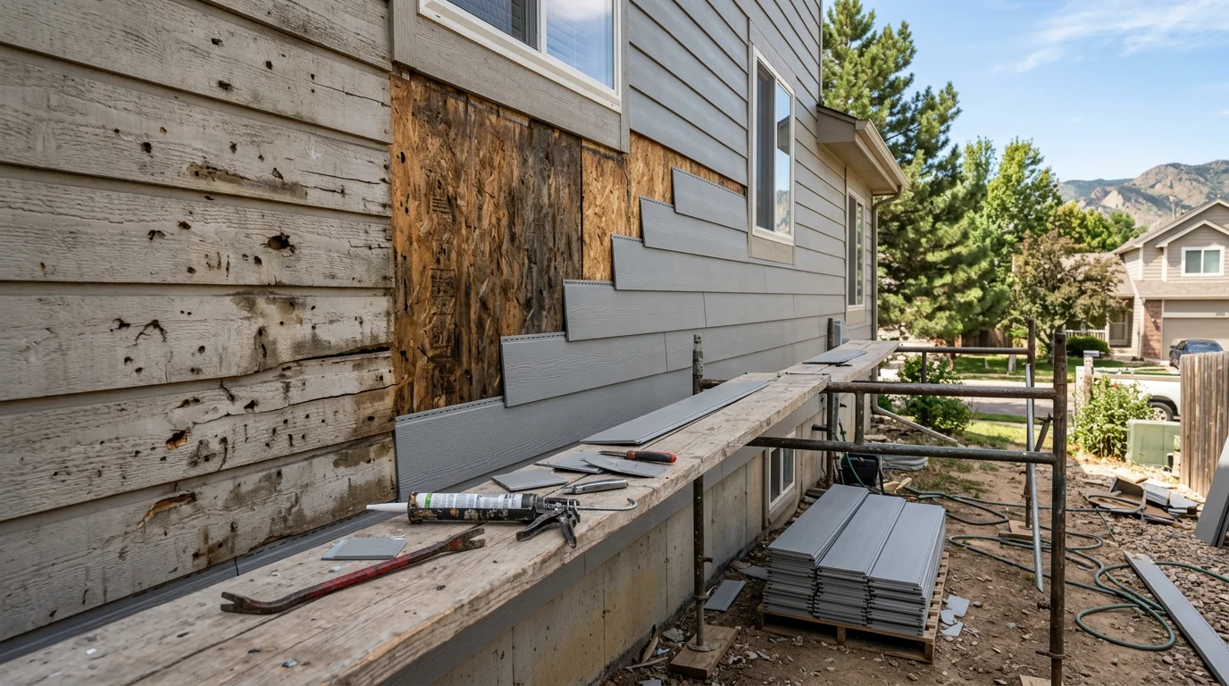 Close-up of repaired exterior siding on a residential home in the Denver metro area, showing patched and color-matched panels on a house exterior after hail and weather damage restoration.