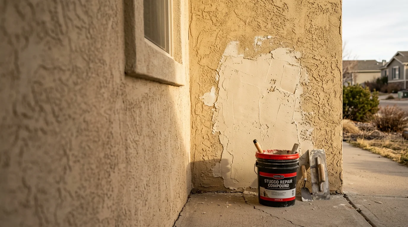 Close-up of a freshly repaired stucco exterior on a Denver metro area home, showing a smooth patched surface blending with the surrounding finish. The repair addresses cracking typical of Colorado freeze-thaw and hail damage on a residential exterior wall.