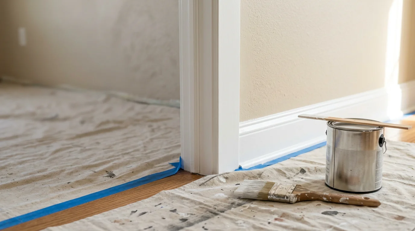Close-up of freshly painted white window trim and baseboard in a Denver metro area home, showing crisp edges and a smooth satin finish against a neutral wall.