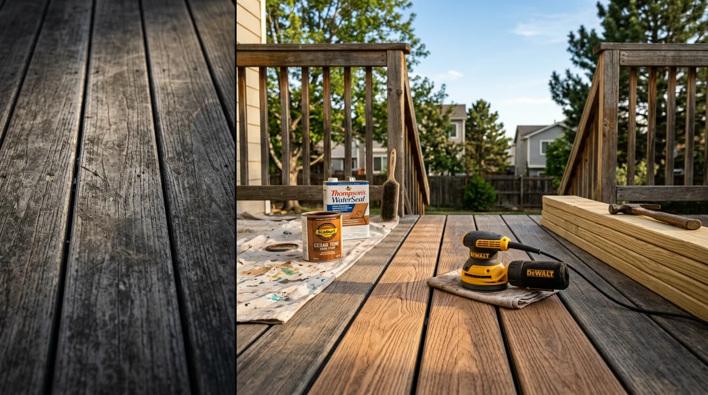A restored wood deck on a Denver metro area home showing clean, sanded boards and repaired railing sections. The surface is smooth and free of splinters, with no visible gray or weathered wood remaining.