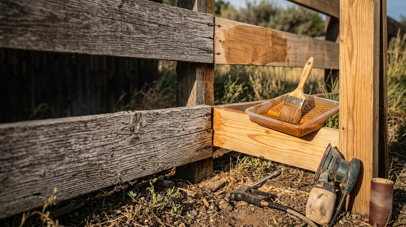 A restored wood fence in a Denver metro area backyard showing clean, evenly finished boards with no graying or surface cracking. The fence runs along a residential property line under a clear Colorado sky.